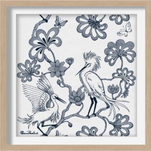 Florence Broadhurst Egrets printed on 100% linen, embroidered with foil thread and box framed Exclusively by the Australian Museum of Design