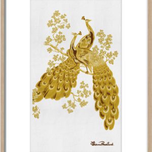 Florence Broadhurst Peacocks Gold printed on 100% linen, embroidered with foil thread and box framed Exclusively by the Australian Museum of Design
