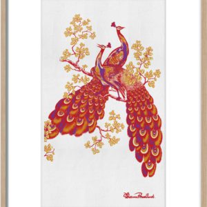 Florence Broadhurst Peacocks Red printed on 100% linen, embroidered with foil thread and box framed Exclusively by the Australian Museum of Design