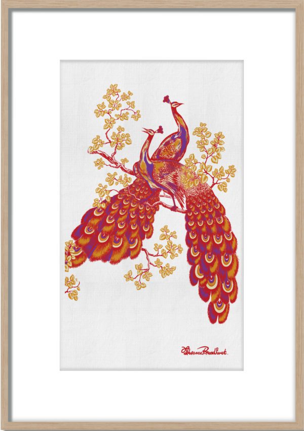 Florence Broadhurst Peacocks Red printed on 100% linen, embroidered with foil thread and box framed Exclusively by the Australian Museum of Design